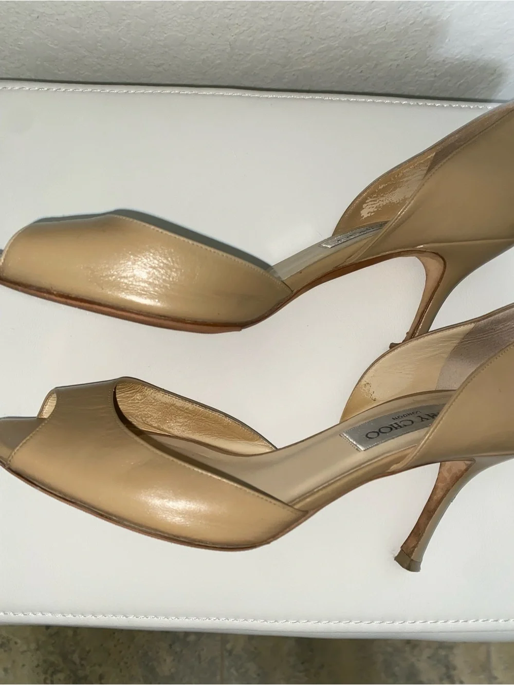 Jimmy Choo Logan Beige Leather Peep-Toe Pumps Sz 36.5/6.5 DAMAGED HEEL PROJECT